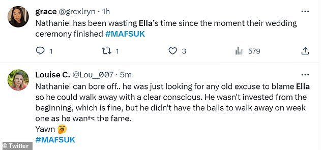 反应:观众很快在 X/ Twitter 上批评 Nathanial 没有向 Ella 诚实表达自己的真实感受
