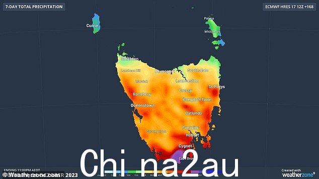塔斯马尼亚预计本周末将出现超过一个月的降雨量(如图所示,塔斯马尼亚七天预计降雨量)