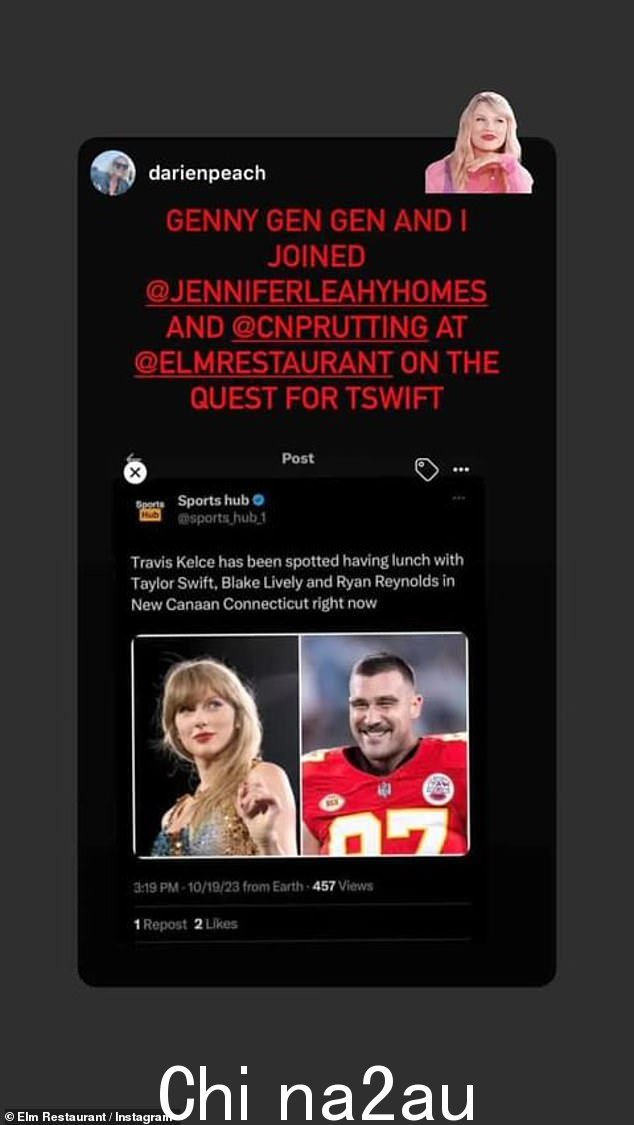 这家餐厅在 Instagram Stories 上转发了这对夫妇在那里用餐的传闻