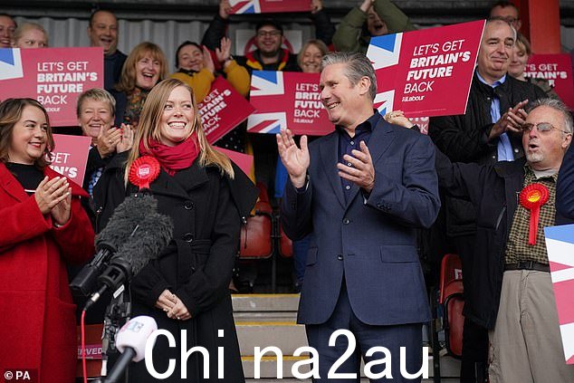 新当选的工党议员莎拉·爱德华兹 (Sarah Edwards) 与党魁凯尔·斯塔默 (Keir Starmer) 爵士在塔姆沃斯足球俱乐部赢得塔姆沃斯补选后