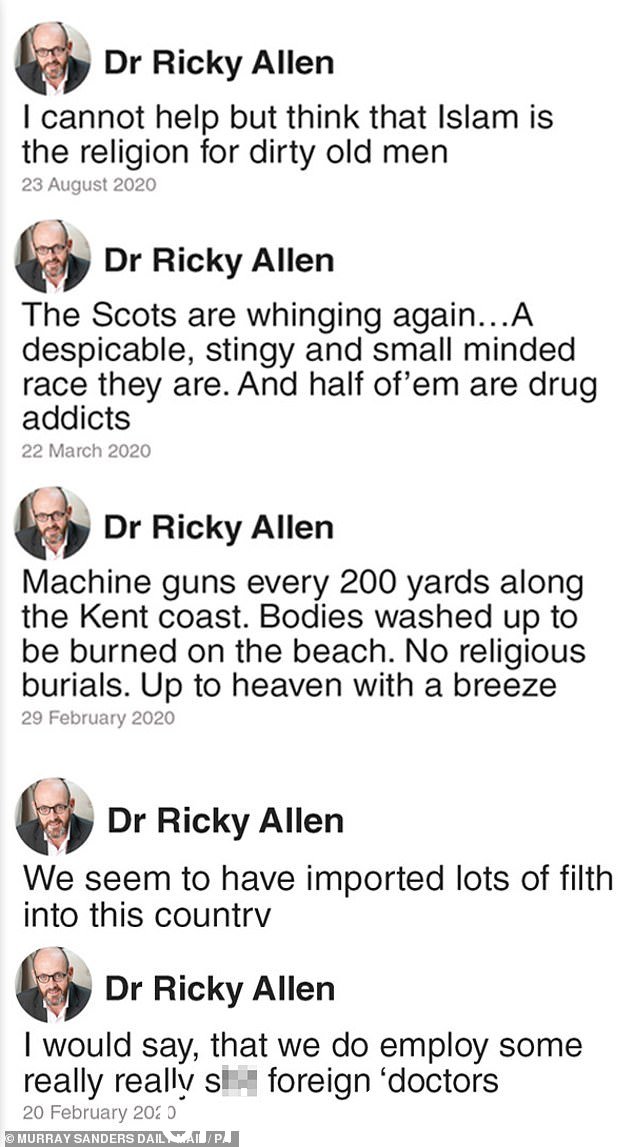 他的一系列侮辱性帖子包括称伊斯兰教是“肮脏老人的宗教”,并建议肯特郡海岸“每隔 200 码就有机关枪,尸体会被冲走”在海滩上被烧毁。”图为:艾伦博士社交媒体帖子的模型