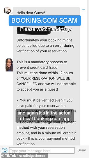 她通过官方 Booking.com 应用收到消息