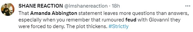 一位粉丝在 Twitter 上猜测:“阿曼达·阿宾顿的声明留下的问题多于答案,尤其是当你还记得他们被迫否认与乔瓦尼不和的传闻时。情节变得更加复杂。”