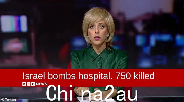 在讽刺节目中,假 BBC 新闻播音员说:'伦敦晚上好,这里有一些来自加沙战争的新闻'
