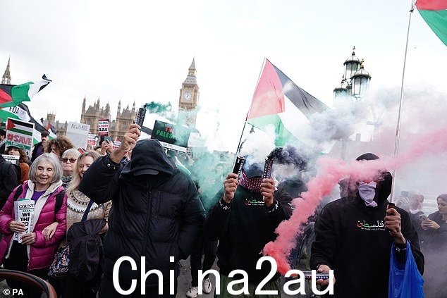 今天下午抗议者在穿过伦敦向议会广场游行时发射了照明弹
