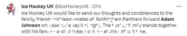 英国冰球协会补充说,曲棍球大家庭在哀悼约翰逊先生时“站在一起”