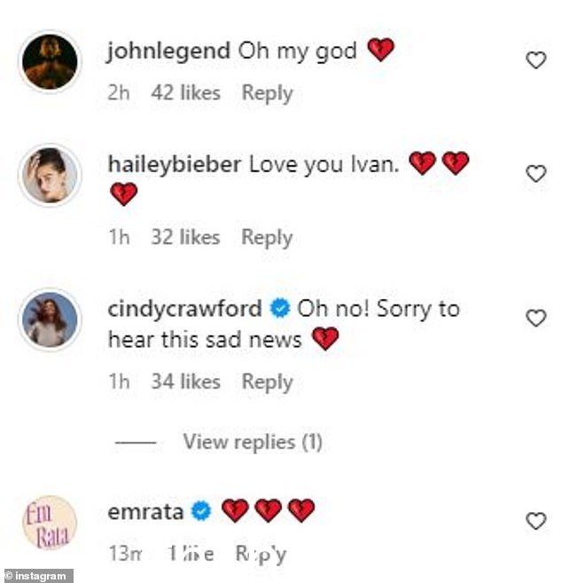 一系列致敬:约翰·传奇 (John Legend)、海莉·比伯 (Hailey Bieber)、辛迪·克劳馥 (Cindy Crawford) 和艾米丽·拉塔科斯基 (Emily Ratajkowski) 等众多一线明星在伊万·巴特 (Ivan Bart) 官方帐户上分享的帖子的评论部分中表达了对他的敬意。表达哀悼