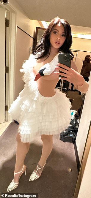 迷人:西班牙歌手罗莎莉亚 (Rosalía) 演绎了另一位以引人注目的合奏而闻名的音乐偶像,她穿着天鹅裙扮演比约克 (Björk)