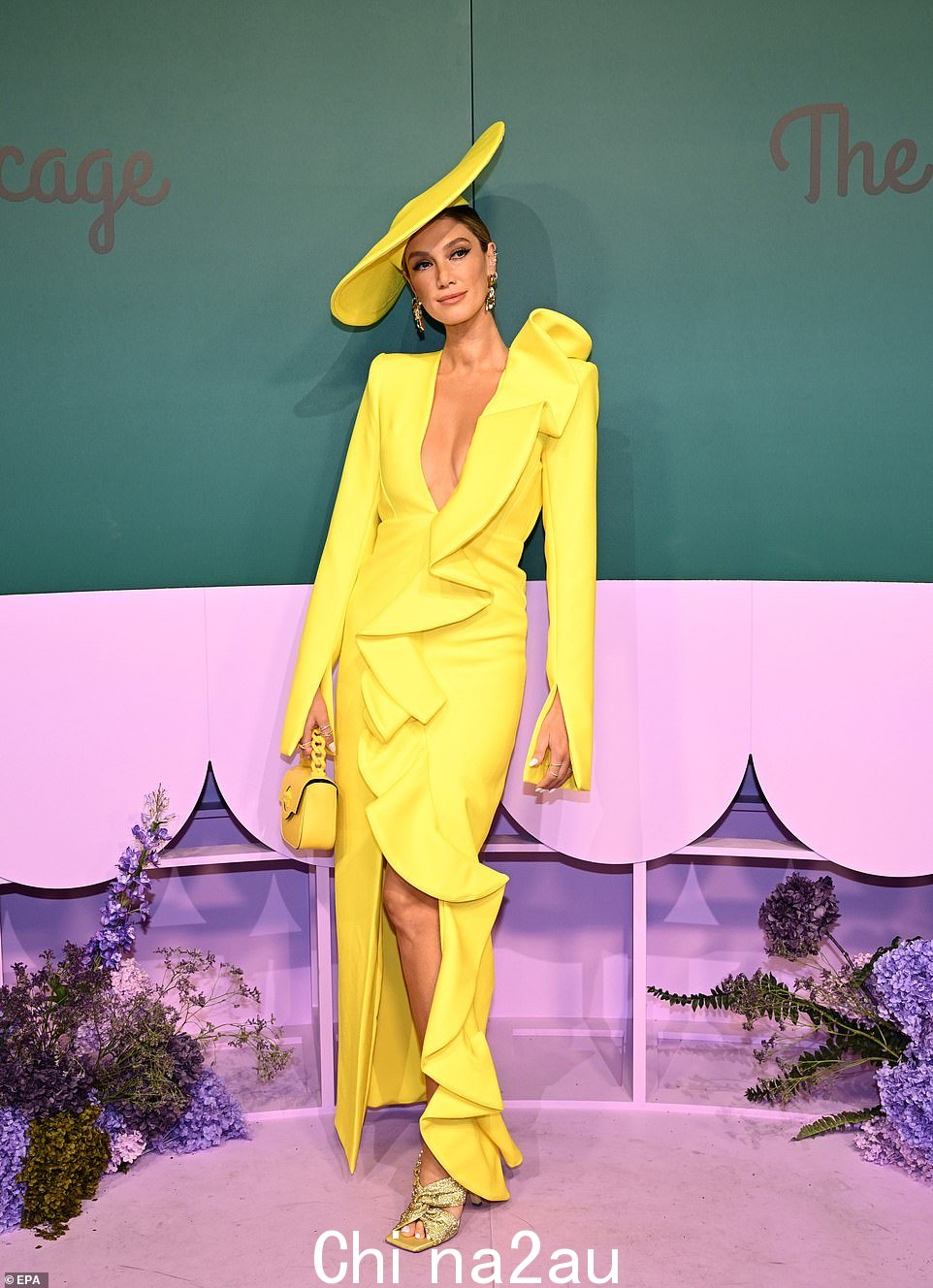 Delta Goodrem 周二带领名人抵达弗莱明顿赛马场参加墨尔本杯,身着低胸黄色连衣裙抢尽风头