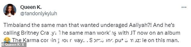 出界:其他人指出,当 Timbaland 报道对她的思念时,Aaliyah 还未成年。一位用户开玩笑说,“有人给这个男人戴上了枪口”