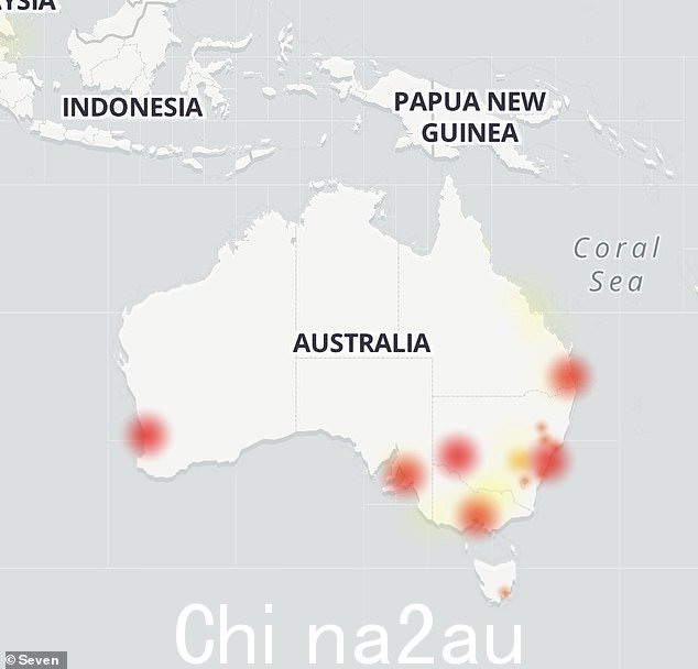 图为 Optus 用户报告网络中断的地方