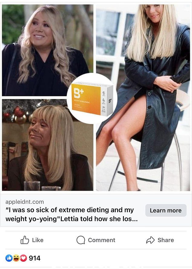 Facebook 广告通过分享肥皂剧明星的两张对比照片来宣传莱蒂西亚减肥,该广告是假的,与 BBC 女演员关系密切的消息人士证实这是“无稽之谈”的帖子