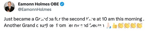 分享:周六下午,这位 63 岁的广播公司在他的 X 页面(以前称为 Twitter)上与粉丝分享了新人到来的好消息