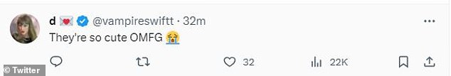 批准印章:一位 Swiftie 分享了一篇关于歌手和她新恋人的简短而甜蜜的帖子:“他们太可爱了 OMFG”