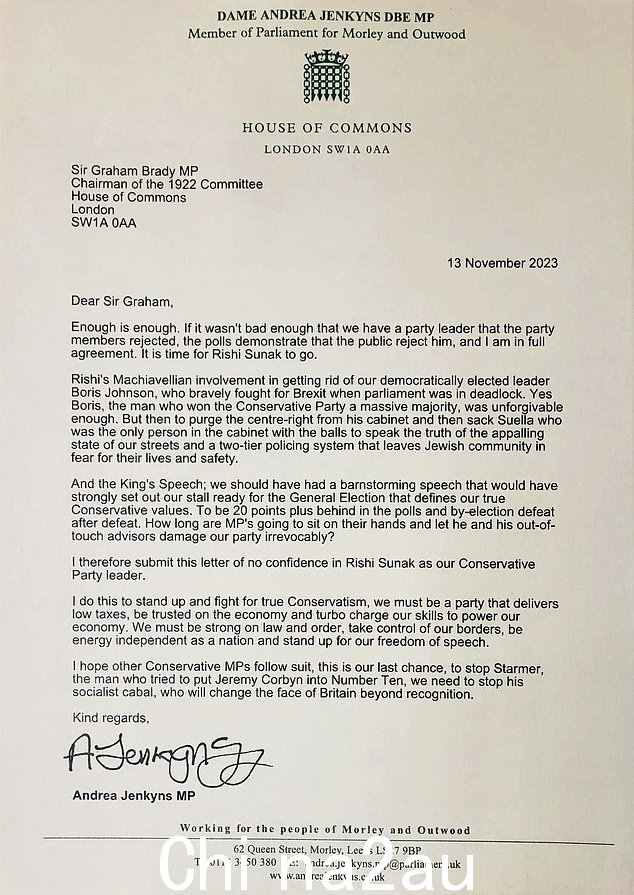 Dame Andrea Jenkyns 已向颇具影响力的 1922 委员会发出了一封不信任信,称“Rishi Sunak 是时候下台了”