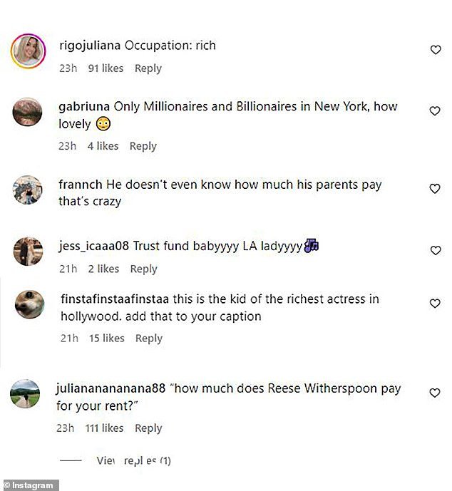On easy street:其他人指出他的母亲 Reese 被福布斯评为世界上“最富有的白手起家的女演员”