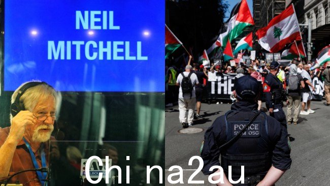 3AW Melbourne Mornings 主持人 Neil Mitchell 与一名参加绝食抗议的巴勒斯坦抗议者。图片:NCA Newswire/Luis Enrique Ascui - David Swift/News Corp Australia