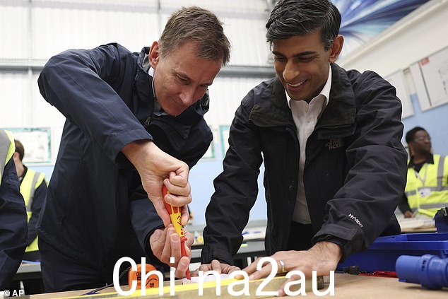 首相表示,200 万劳动年龄人口没有工作是“全国丑闻”(图:里希·苏纳克和财政大臣杰里米·亨特在访问伦敦北部的一所大学期间从事电力工作)