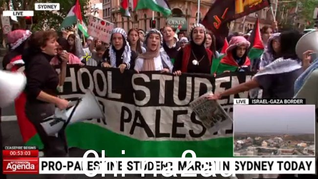 继墨尔本发生类似集会之后，悉尼爆发了一场学生抗议活动，数百名学生游行并高呼立即停火的口号，因为人道主义暂停已经结束宣布。图片：澳大利亚天空新闻