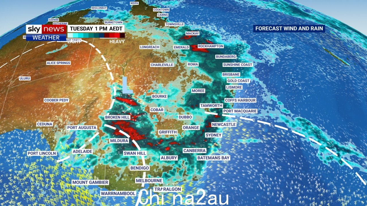 预计澳大利亚东部周二午餐时间左右将有降雨。