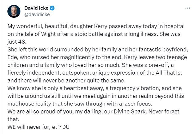 Icke 的推文,他承诺在“另一个领域”见到他的女儿,称她为“我亲爱的,我们的神圣火花”