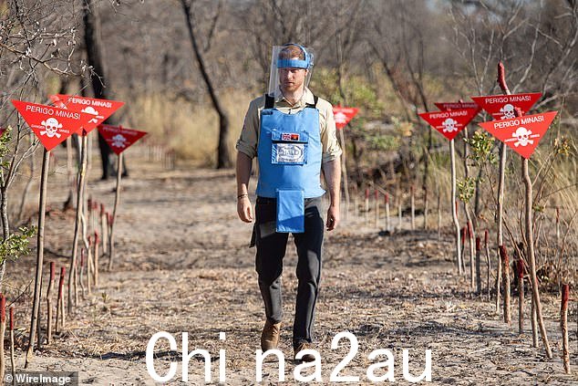 9 月皇家非洲之行的第五天,苏塞克斯公爵哈里王子在参观排雷慈善机构 Halo Trust 的工作期间穿过雷区2019 年 2 月 27 日,安哥拉迪里科