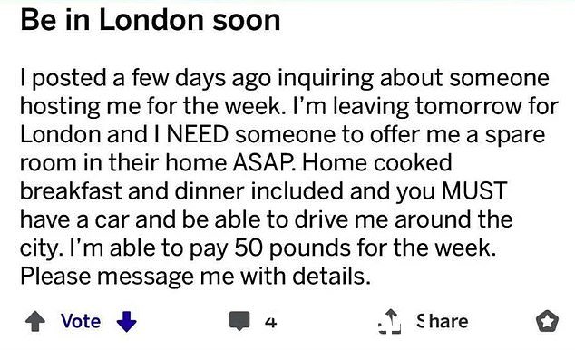 一个来自英国的人,在寻找一间空房间时,坚决要求提供家常早餐和晚餐,还有一位可以在城市里开车送他们的房东 - 只需 50 英镑每周
