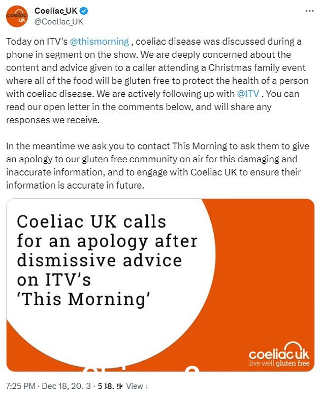 Coeliac UK 是一个为那些需要无麸质生活的人提供服务的慈善机构,很快就她的言论向 Vanessa 发出了公开信,呼吁 ITV 道歉