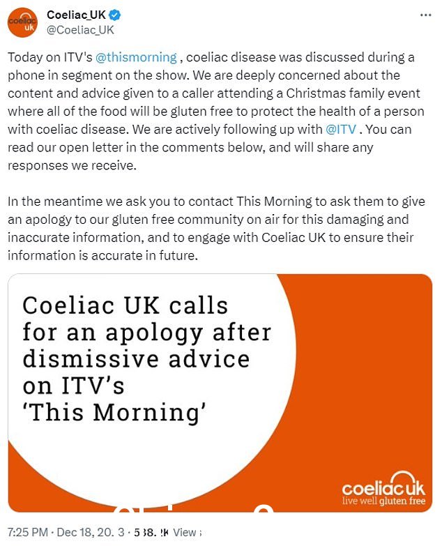 Coeliac UK 是一个为那些需要无麸质生活的人提供服务的慈善机构,很快就她的言论向 Vanessa 发出了公开信,呼吁 ITV 道歉