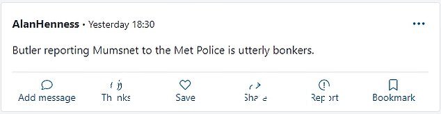 Mumsnet 上的一些评论批评她最初的评论和随后关于向警方举报留言板的帖子