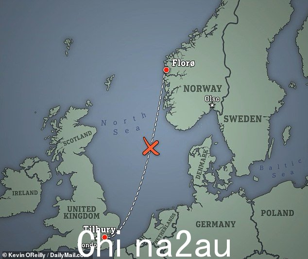 地图显示了莫德号在北海失去导航能力之前从弗洛罗到蒂尔伯里的航线