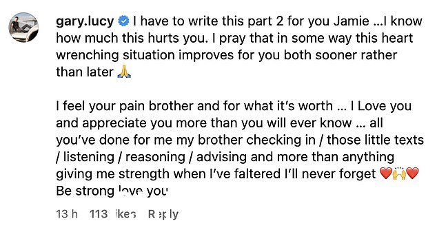 他的搭档加里·露西 (Gary Lucy) 在杰米的帖子下发表了衷心的评论,分享了他的支持
