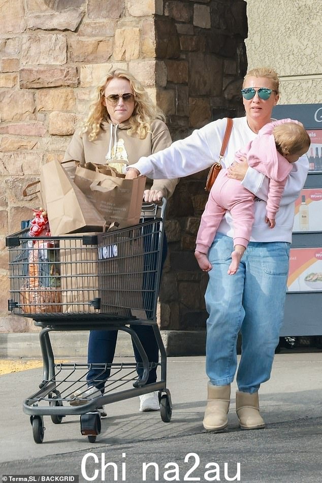 周二,瑞贝尔·威尔逊 (Rebel Wilson) 与未婚妻雷蒙娜·阿古玛 (Ramona Agruma) 以及他们一岁的小女儿罗伊斯 (Royce) 一起囤积杂货
