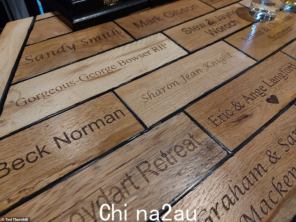 酒吧,由木头制成,上面刻有帮助建造和资助旧锻造厂的人的名字