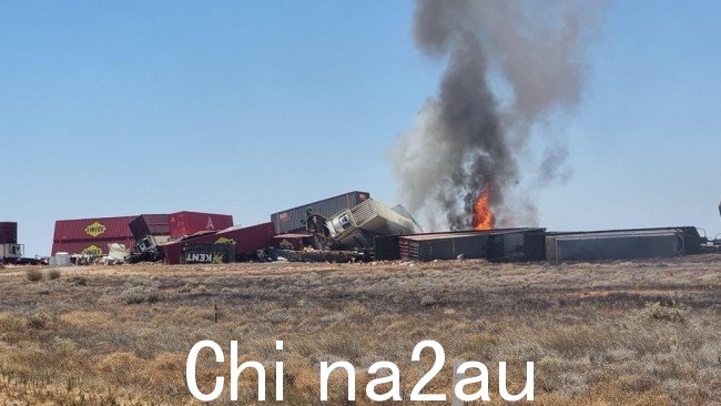 一列货运列车脱轨，数吨货物似乎从火车上掉落，并起火。图片：Bill Ormonde