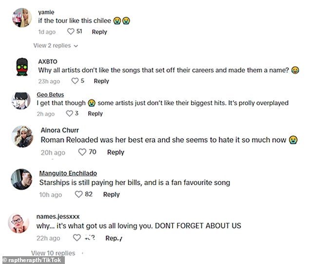 在 TikTok 帖子的评论中,粉丝们表达了对 Minaj 即将到来的巡演的担忧,并指出 Starships 如何“仍在支付她的账单”,因为它是“粉丝的最爱”