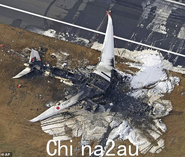 这张航拍照片显示了日本航空公司的烧毁计划1 月 3 日星期三在羽田机场