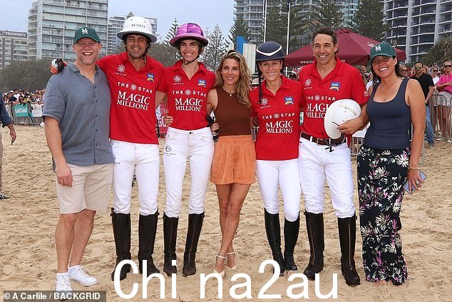 左起:Mike Tindall、Nacho Figueras、Delfina Blaquier、Elsa Pataky、Zara Tindall、Billy Slater、Nicole Slater