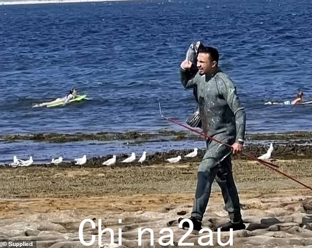 该男子随后将死鱼拖到海滩上,当地人向他发出嘘声