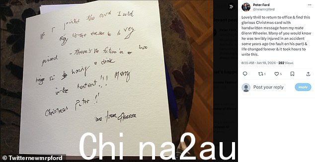 娱乐记者彼得·福特在推特上发布了一张他从格伦·惠勒那里得到的纸条的照片(如图)