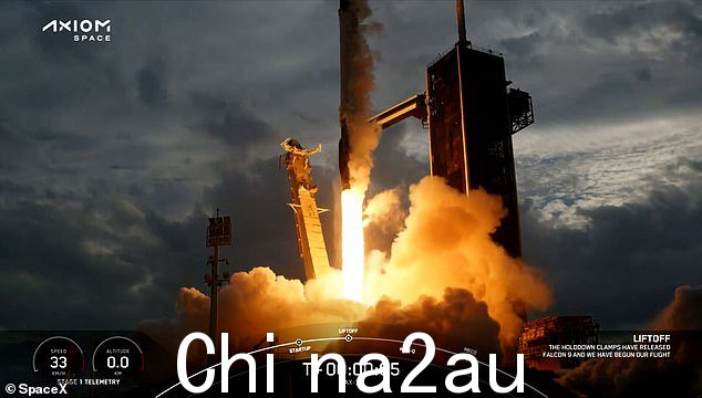 猎鹰 9 号火箭,升空后五秒显示。这是 Axiom Space 的第三次任务,但也是第一次由国际航天机构资助的任务