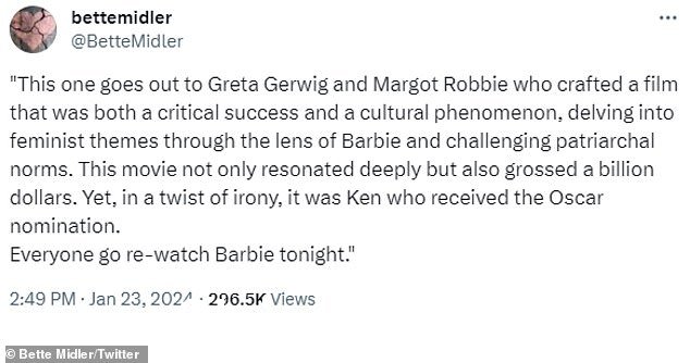 贝蒂·米勒 (Bette Midler) 本人曾两次获得奥斯卡提名,建议“大家今晚再看一遍芭比娃娃”