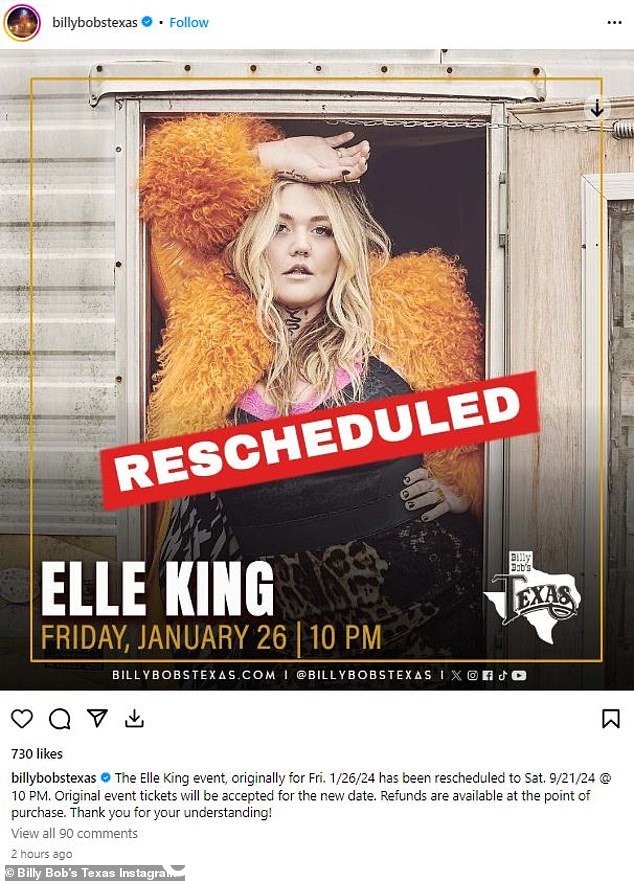 现在,已宣布她 1 月 26 日星期五在 Billy Bob's Texas 的演出已重新安排八个月至 9 月 21 日