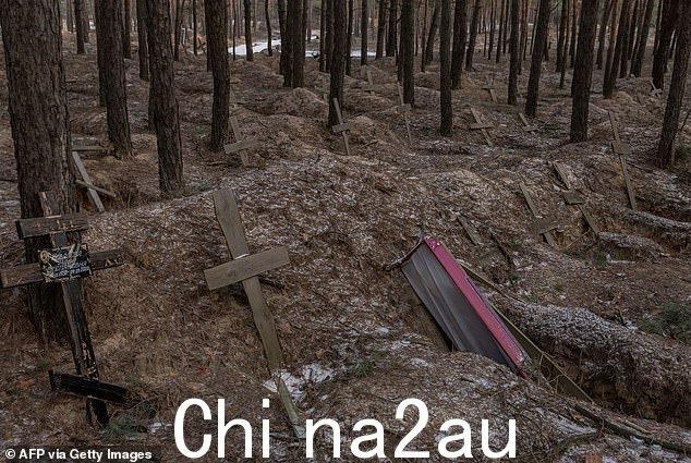 2024 年 1 月 23 日,哈尔科夫地区伊久姆镇附近,俄罗斯占领期间挖掘的集体坟墓中的尸体被挖出后,坟墓空空如也