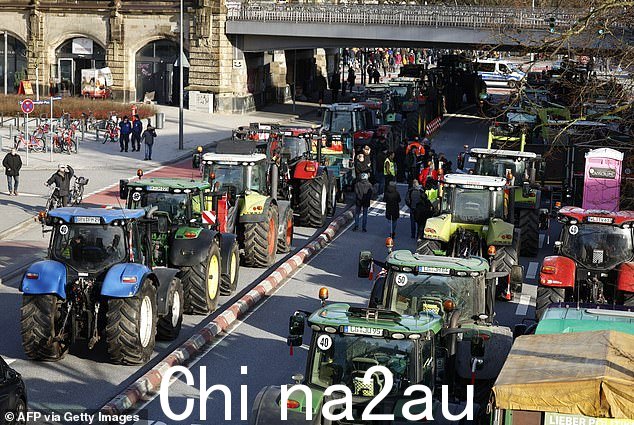  2024 年 1 月 29 日，抗议者使用拖拉机堵塞汉堡市中心的交通