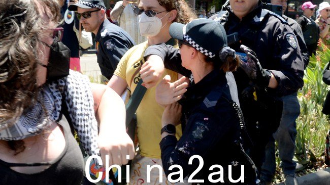 抗议者在 Midsumma Pride 活动中与警察发生冲突沿着圣基尔达菲茨罗伊街游行。图片:Andrew Henshaw / 澳大利亚新闻集团