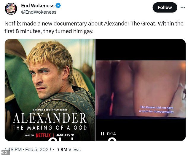 这场风暴始于周一,当时 X(以前称为 Twitter)社交媒体帐户 End Wokeness(在极右保守派圈子中众所周知)在微博网站上表达了他们对亚历山大的不满: The Making Of A God