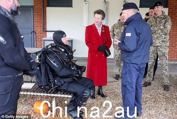 英国比斯特 - 2 月 07 日：安妮公主，皇家公主在与她交谈时微笑2024 年 2 月 7 日，英国比斯特圣乔治军营的国防爆炸物处理训练团，皇家海军的一名专业水下爆炸物处理操作员。长公主是皇家后勤部队的上校。 （克里斯·杰克逊/盖蒂图片社摄）
