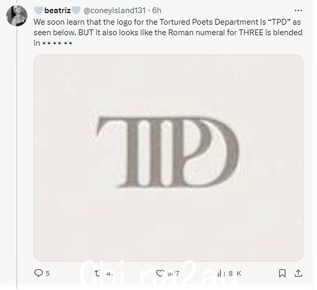 在评论折磨诗人部门的徽标时,粉丝还建议缩写 TPD 混合在一起时看起来像罗马数字“三”