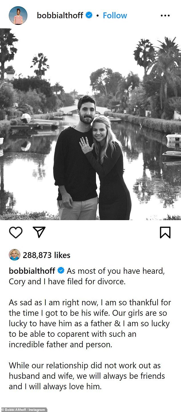 影响者 Bobbi Althoff 公开谈论了她与丈夫 Cory Althoff 离婚的消息,此前有消息称,她的配偶已提交文件结束婚姻